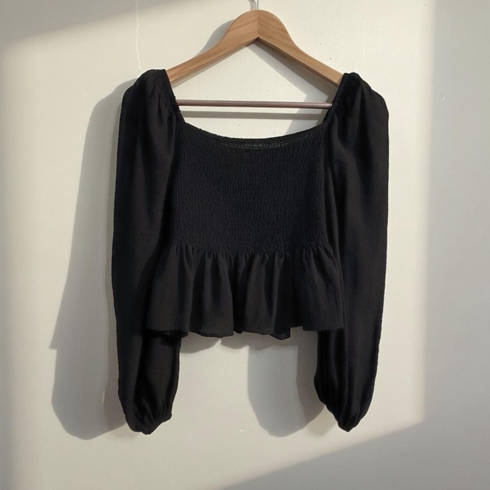 Smocked Black Puff Sleeve Square-Neck Babydoll Peplum Blouse